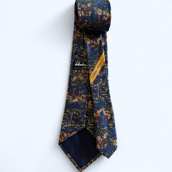 Salvatore Ferragamo Blue Red Equestrian Hunt Novelty Men's Tie - Picture 4 of 6
